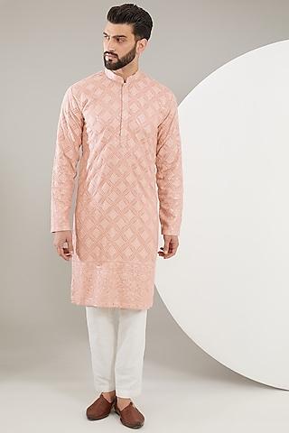 peach silk thread embroidered chikankari kurta set