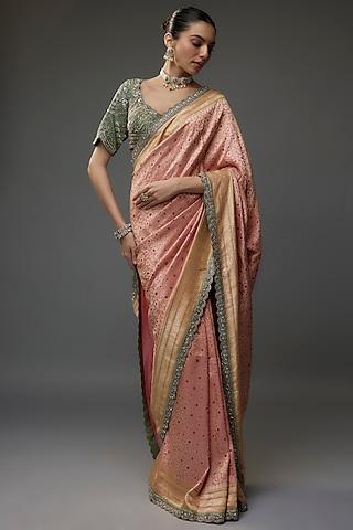 peach silk zari embroidered banarasi saree set