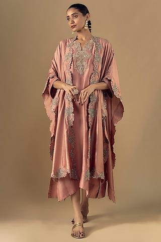 peach silk zari embroidered kaftan set