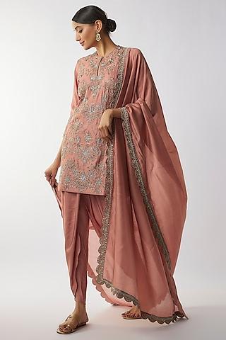 peach silk zari embroidered kurta set