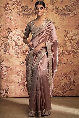 peach silk zari embroidered saree set