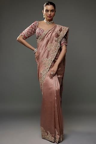 peach silk zari embroidered saree set