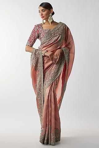 peach silk zari embroidered saree set