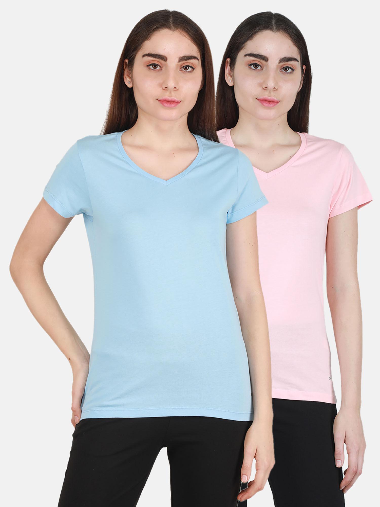 peach-sky solid v neck top 2 pc (set of 2)