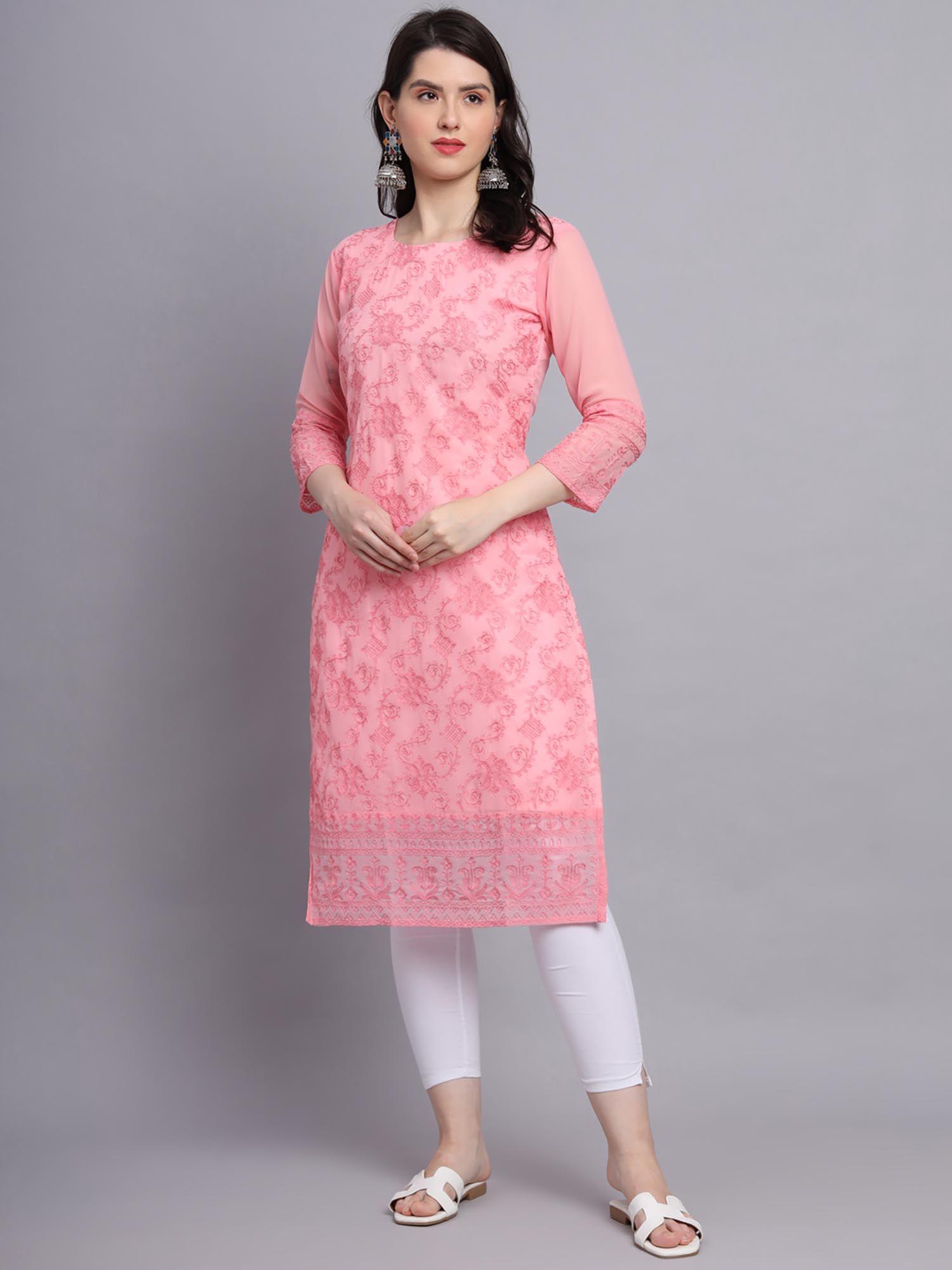 peach soft georgette kurta lucknowi chikankari work straigh kurta