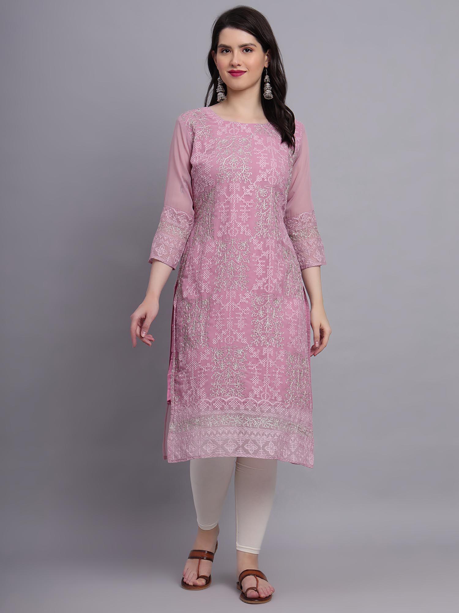 peach soft georgette kurta with lucknowi chikankari work straigh kurtas