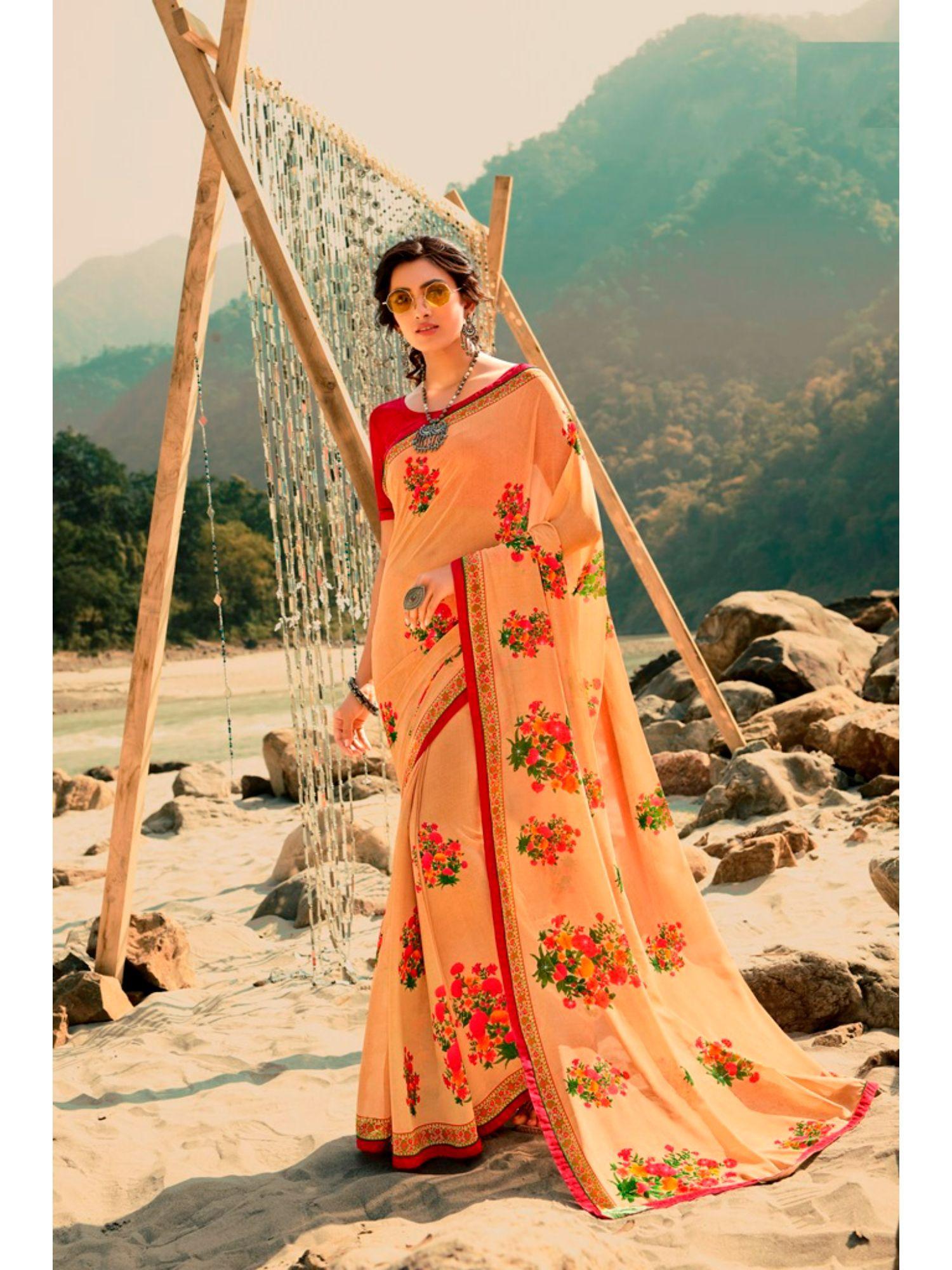 peach soft georgette printed saree & mono banglory with unstitched blouse