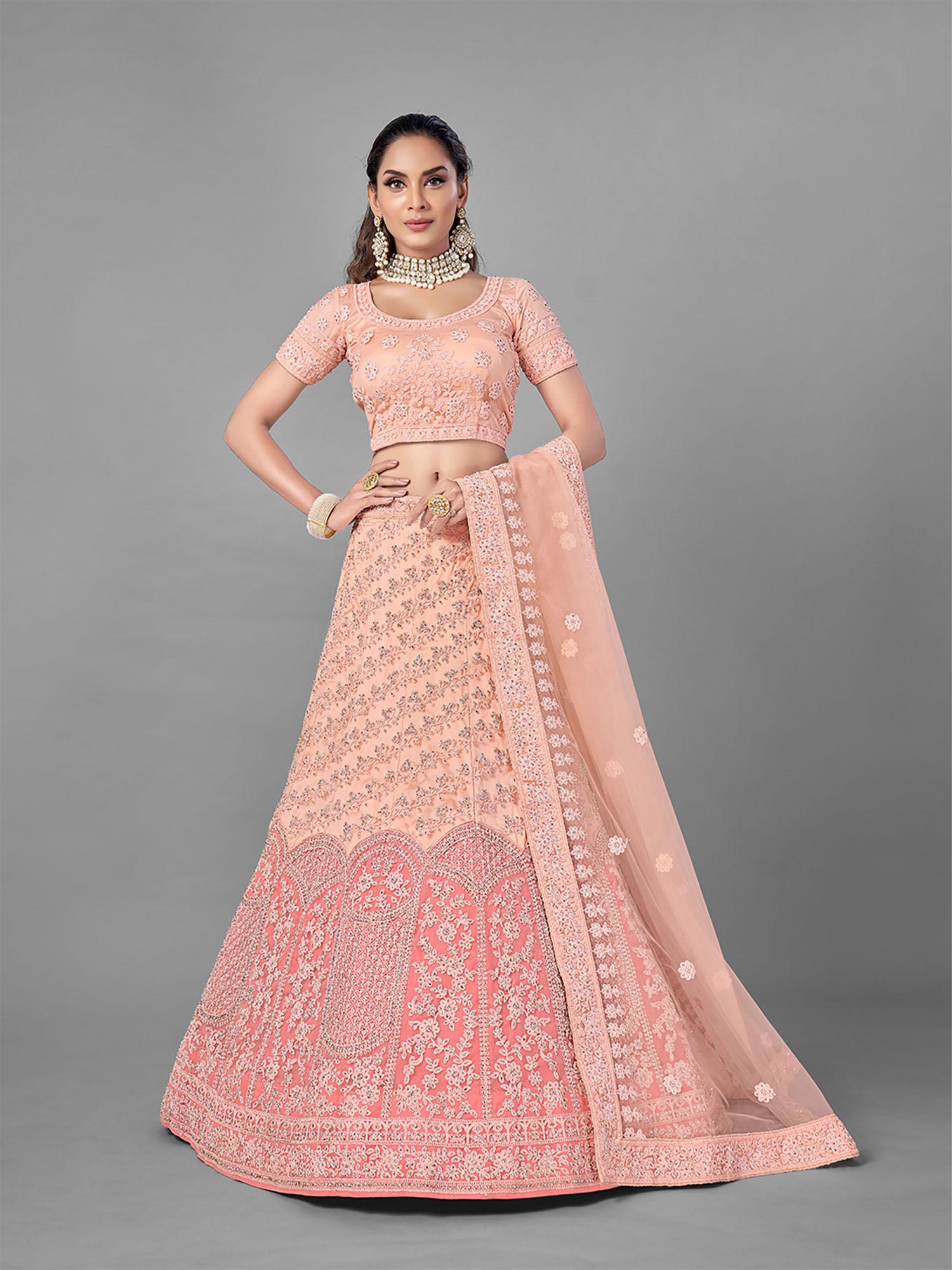 peach soft net semi stitched lehenga with unstitched blouse (set of 3)