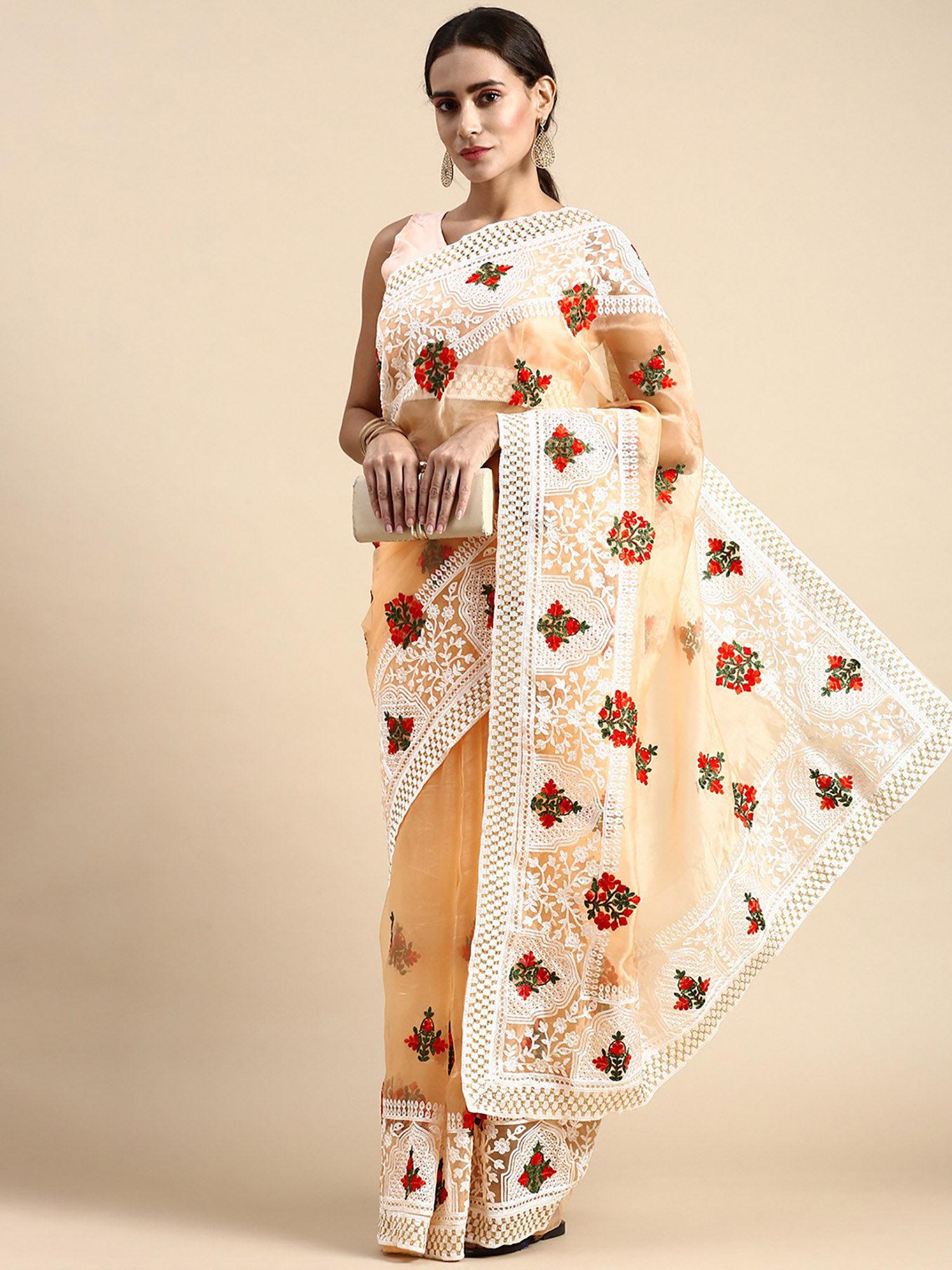 peach soft organza embroidery saree with silk unstitched blouse