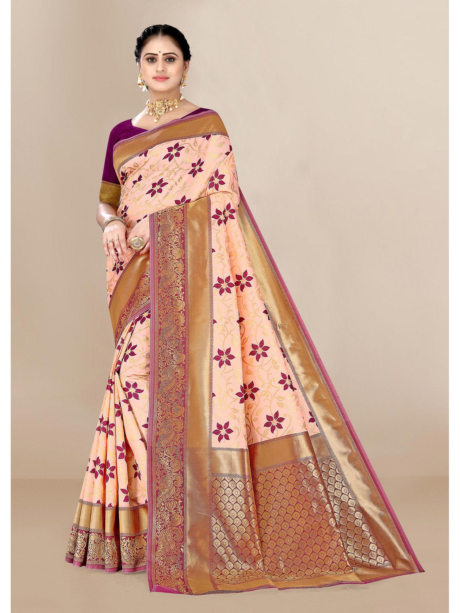 peach soft silk weaving banarasi saree with unstitched blouse