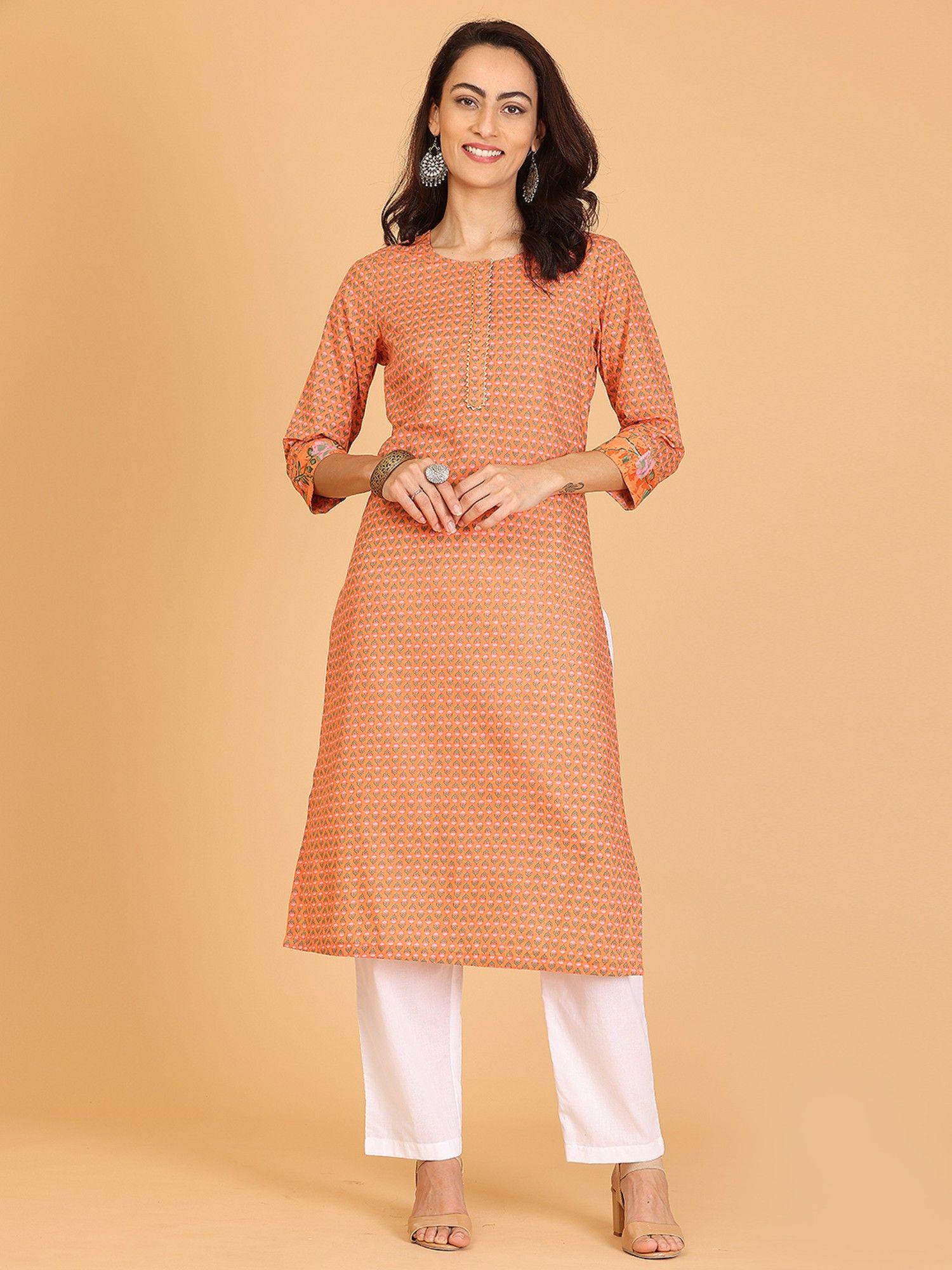 peach solid a-line kurta with pant (set of 2)