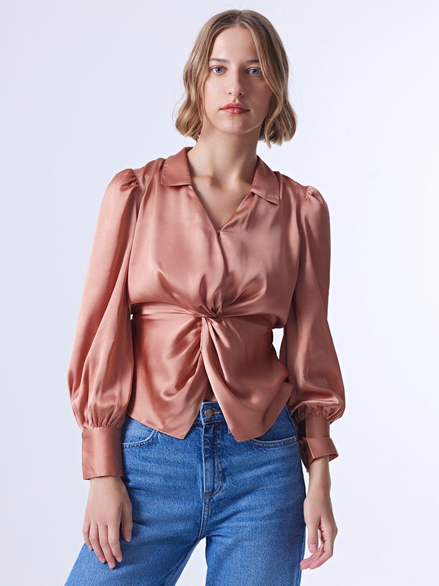 peach solid balloon sleeve collar neck top