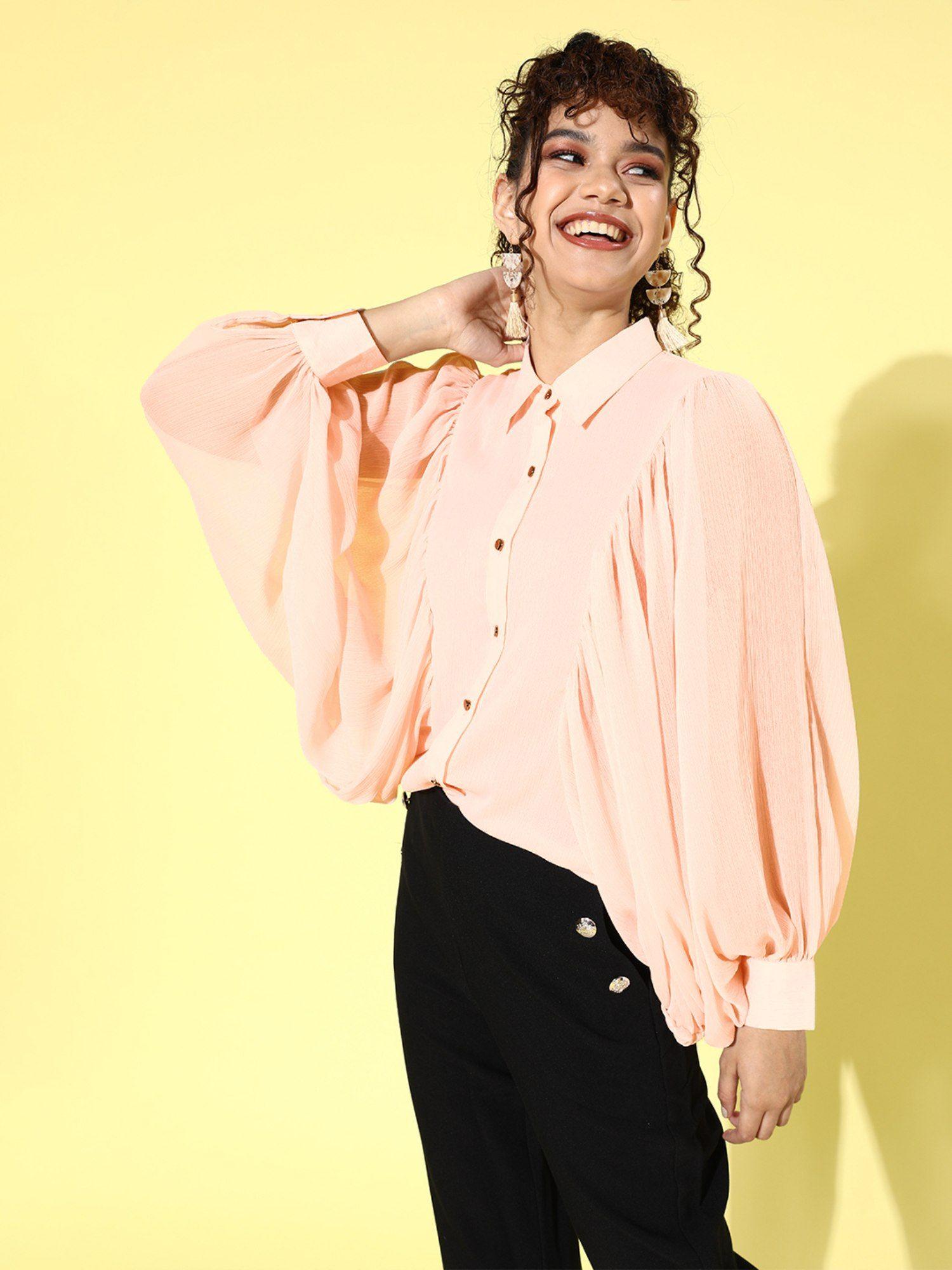 peach solid batwing sleeves shirt