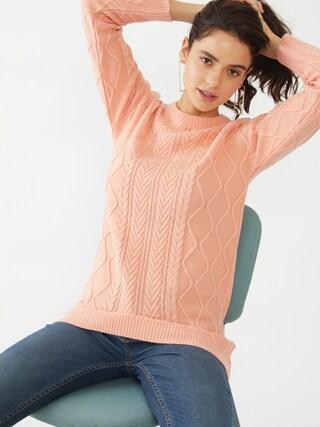 peach solid casual full sleeves high neck women straight fit sweater