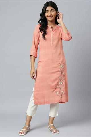 peach solid casual mandarin 3/4th sleeves women regular fit kurta