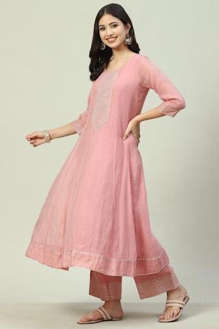 peach solid casual round neck 3/4th sleeves ankle-length women flared fit kurta palazzo set