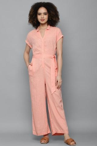 peach solid casual women regular fit jumpsuit