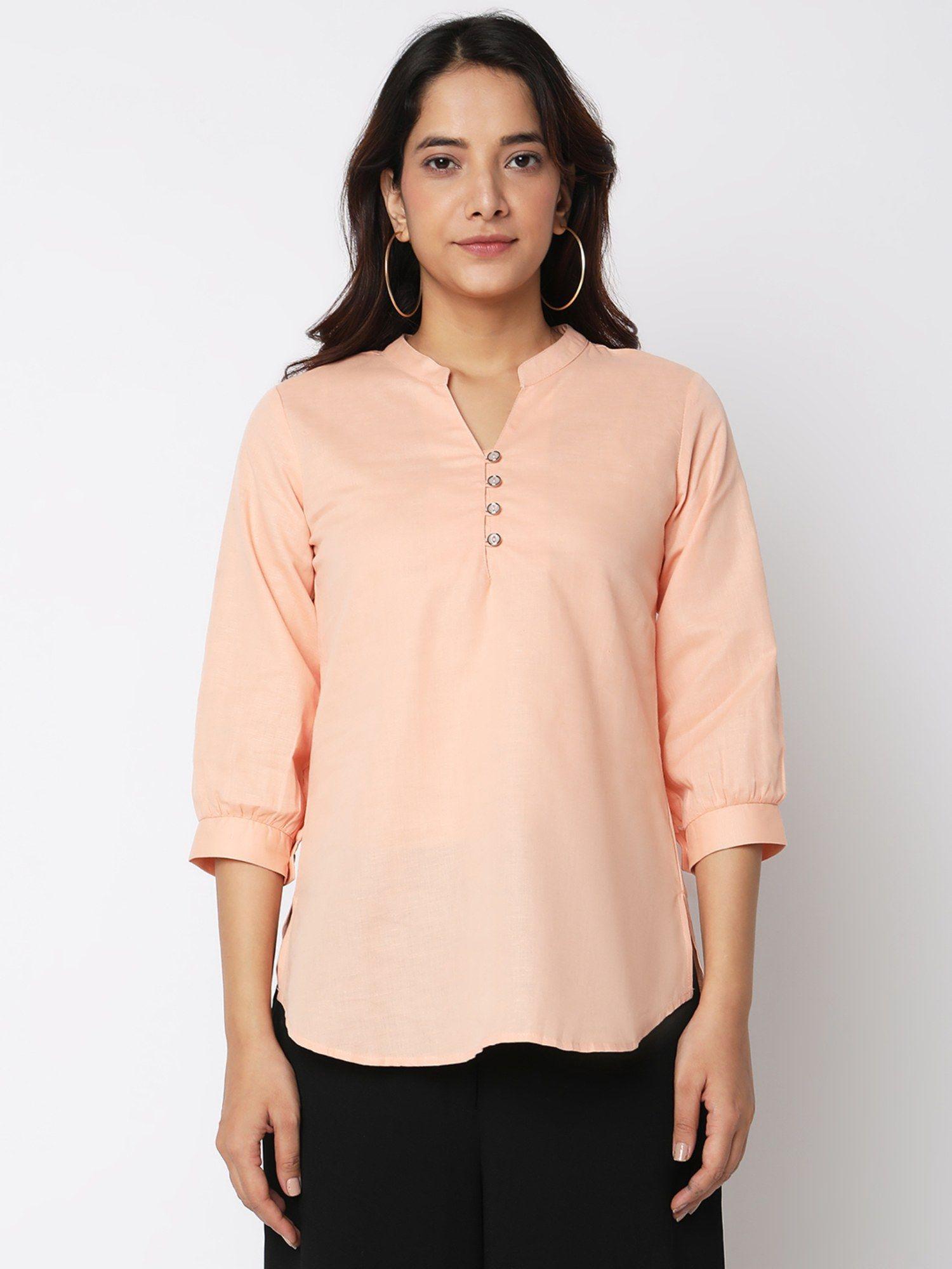 peach solid cotton linen three fourth sleeves top