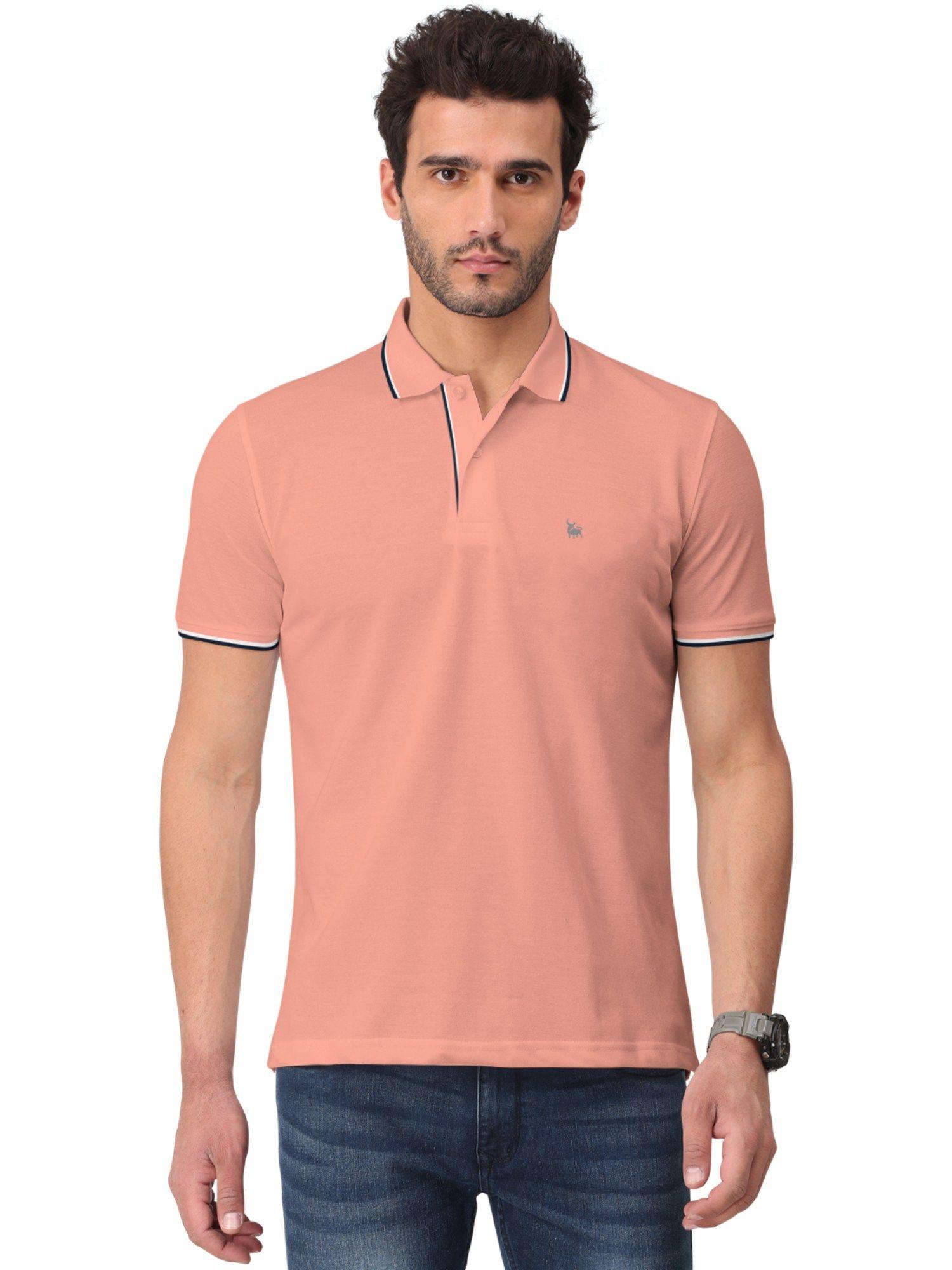 peach solid half sleeve collar neck polo t-shirt for men