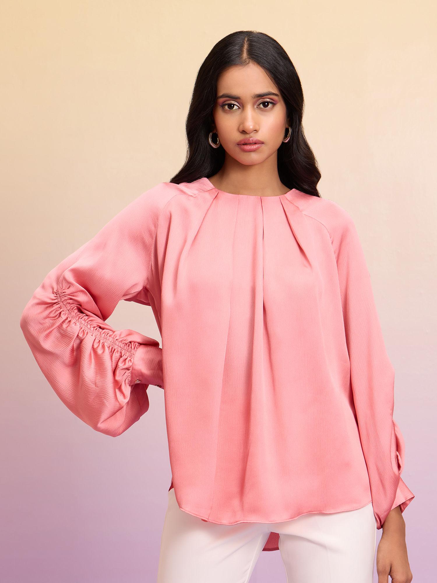 peach solid raglan sleeves pleated top