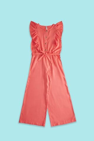 peach solid round neck casual full length sleeveless girls regular fit jumpsuit