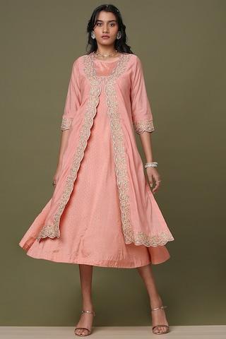 peach solid round neck ethnic calf-length 3/4th sleeves women flared fit dress