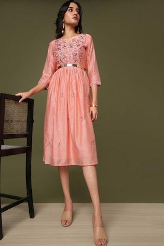 peach solid round neck formal calf length 3/4th sleeves women flared fit dress