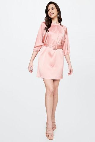 peach solid round neck formal thigh-length 3/4th sleeves women regular fit dress