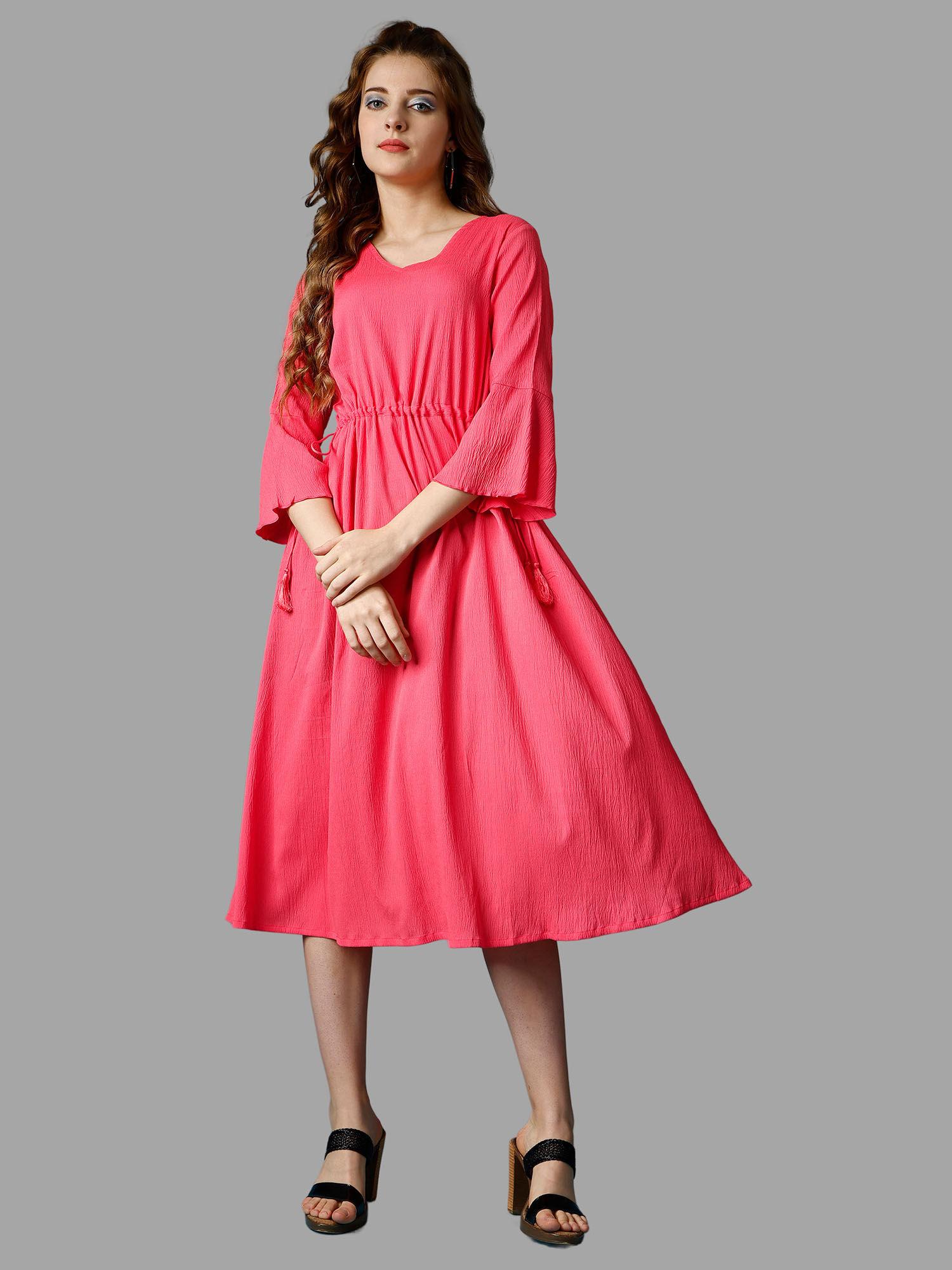 peach solid three fourth sleeves midi dress for women