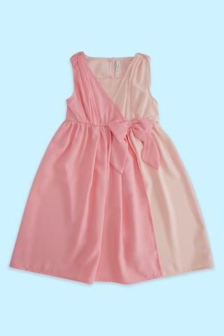 peach solid v-neck party knee length sleeveless girls regular fit dress