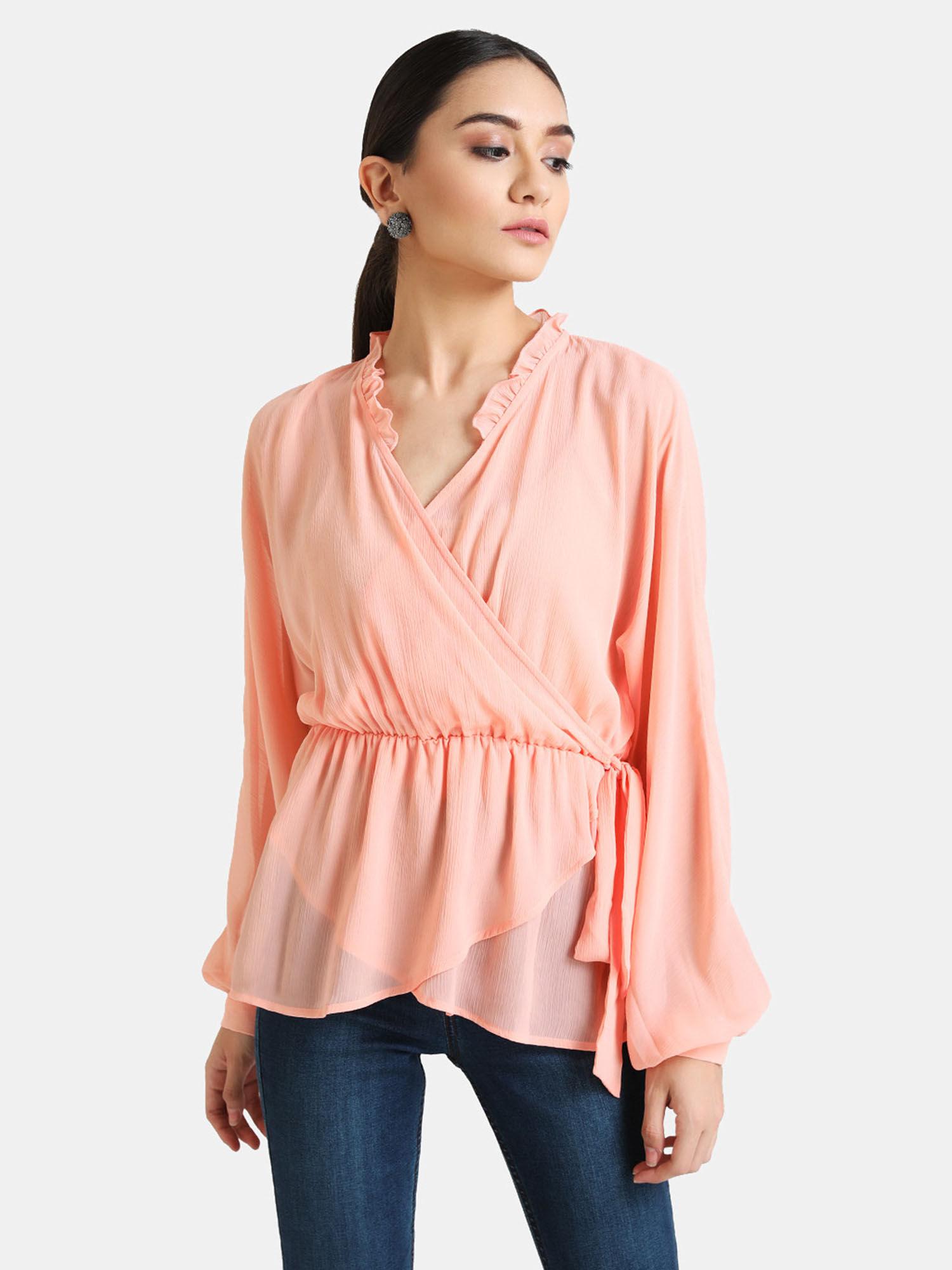 peach solid wrap detail top