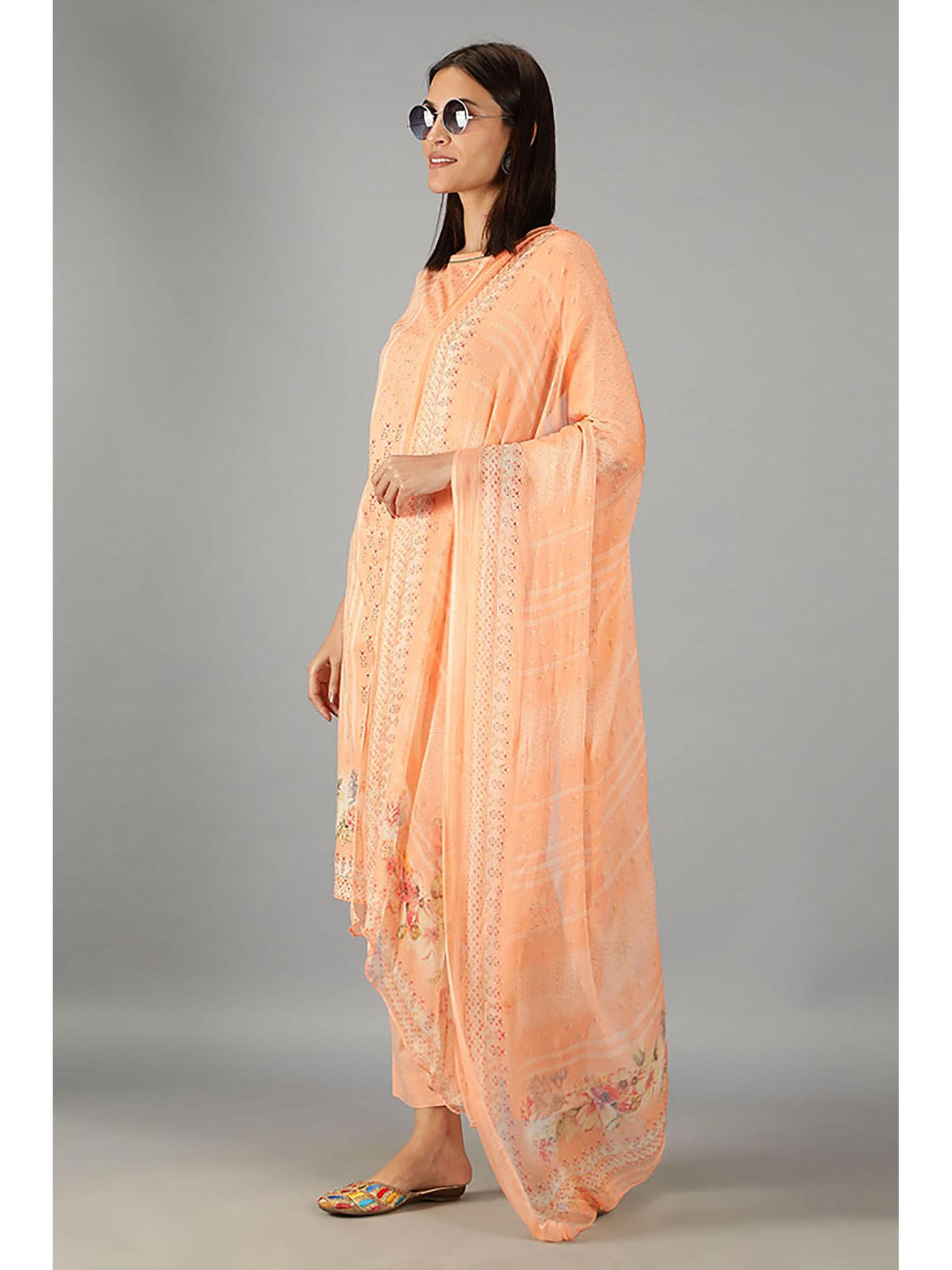 peach straight fit printed kurta with dupatta (set of 3)