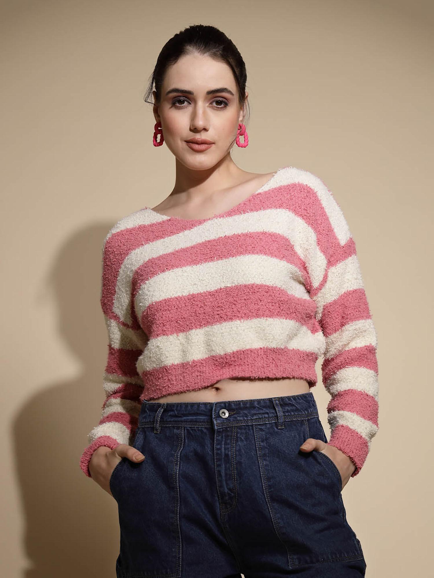 peach strip round neck sweater