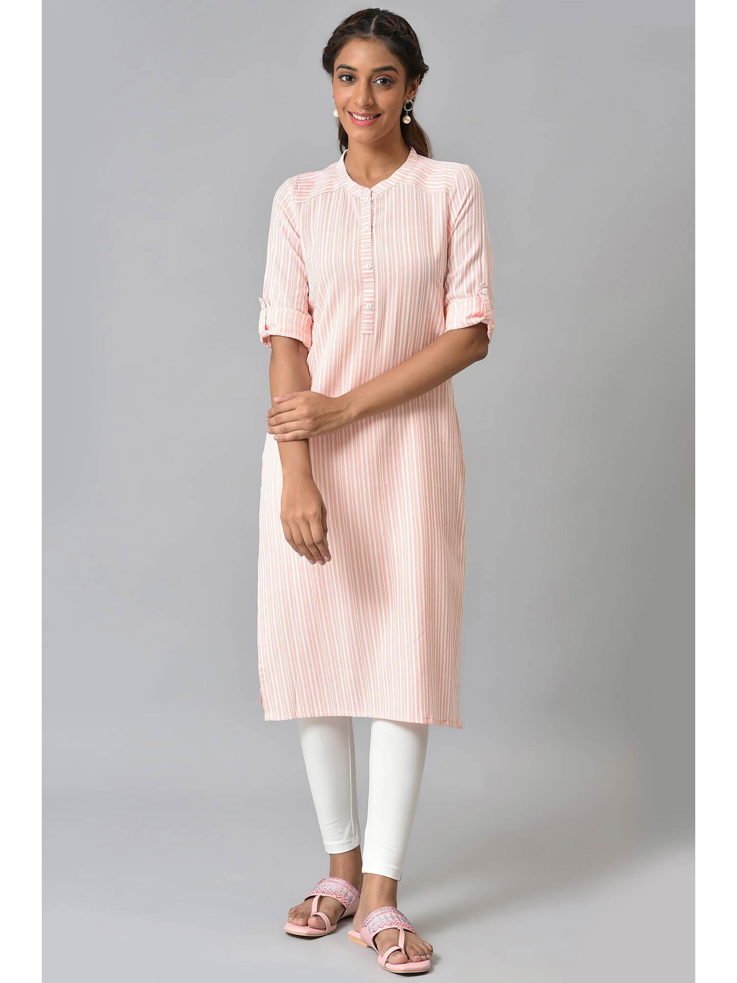 peach stripe printed mandarin collar kurta