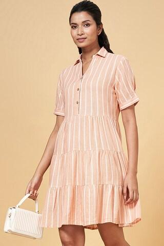 peach stripe regular collar casual knee length half sleeves women regular fit dress