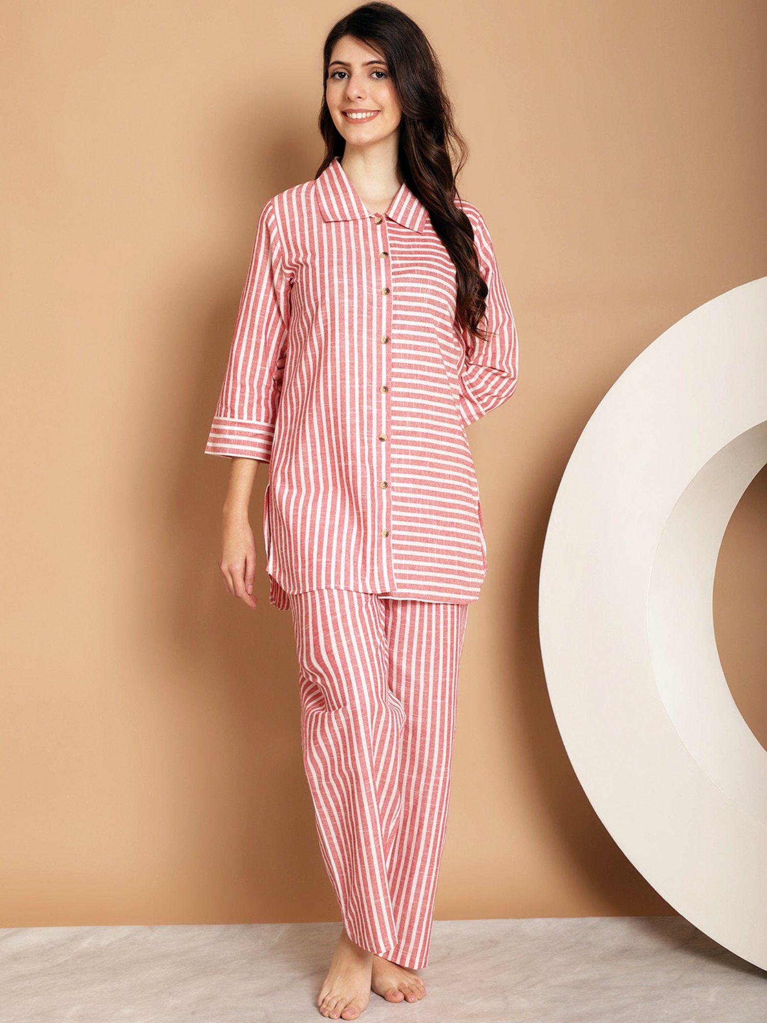 peach stripe shirt collar pure cotton night suit (set of 2)