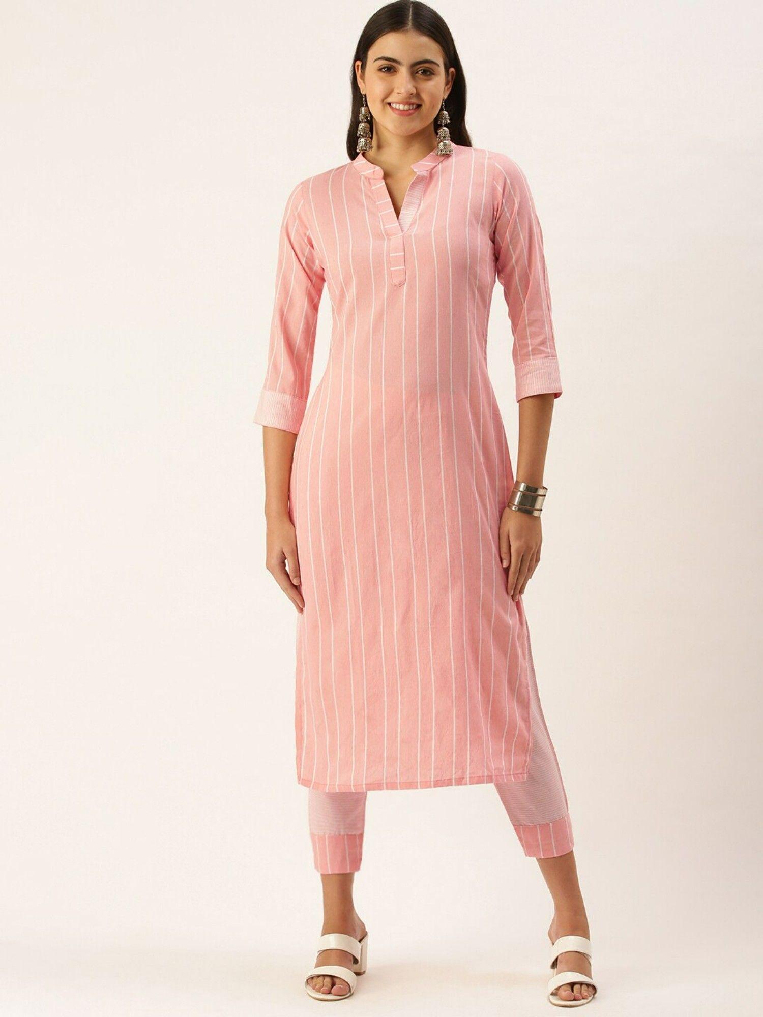 peach striped cotton blend kurta (set of 2)