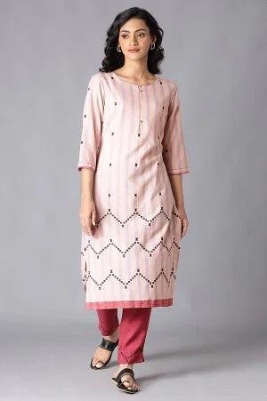 peach striped cotton dobby kurta in round neck