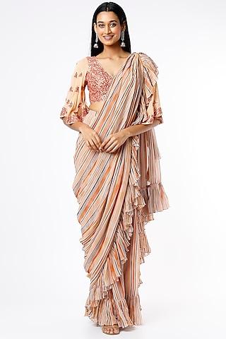 peach striped saree set