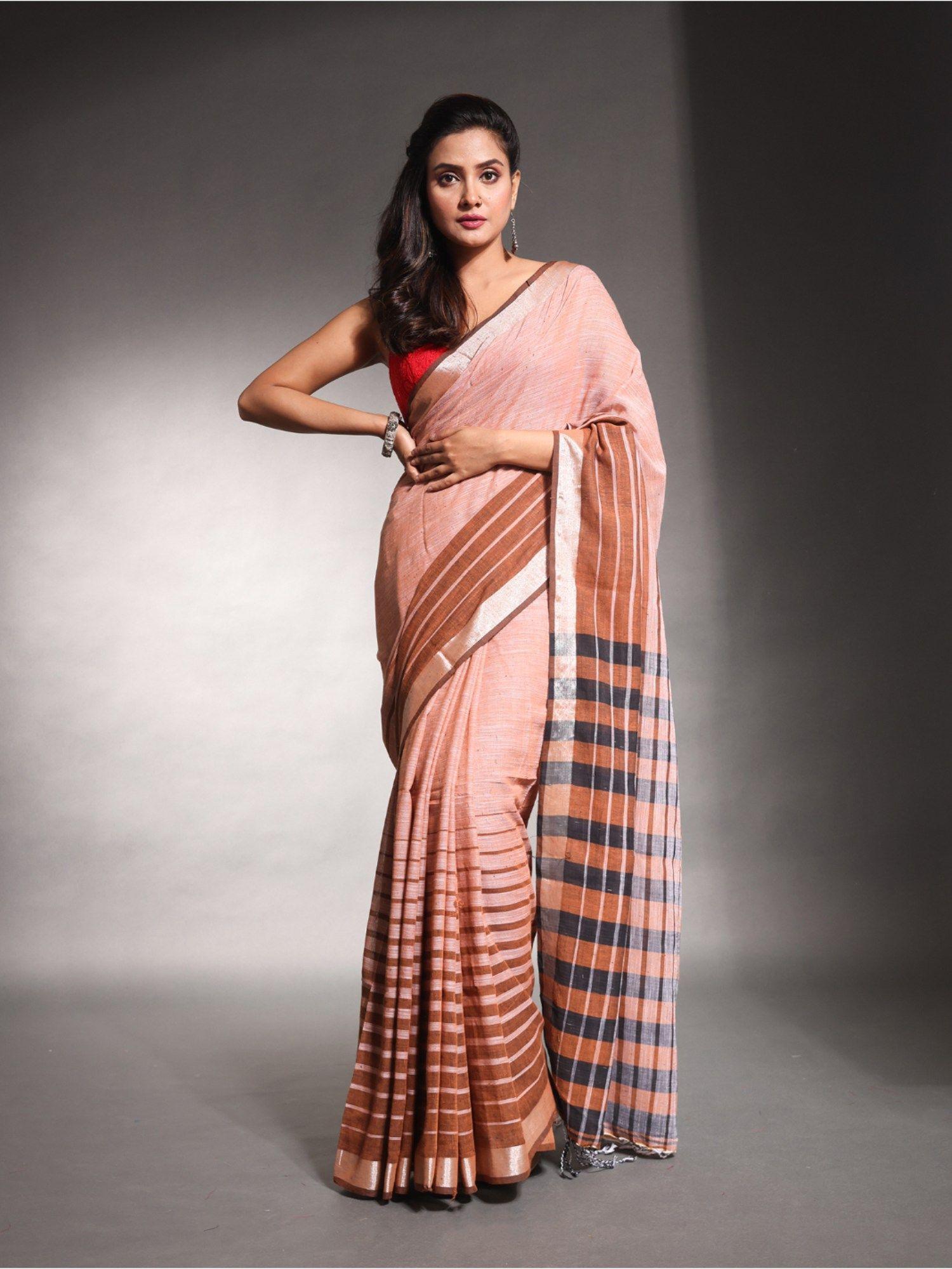 peach stripes pattern pure cotton soft saree with unstitched blouse