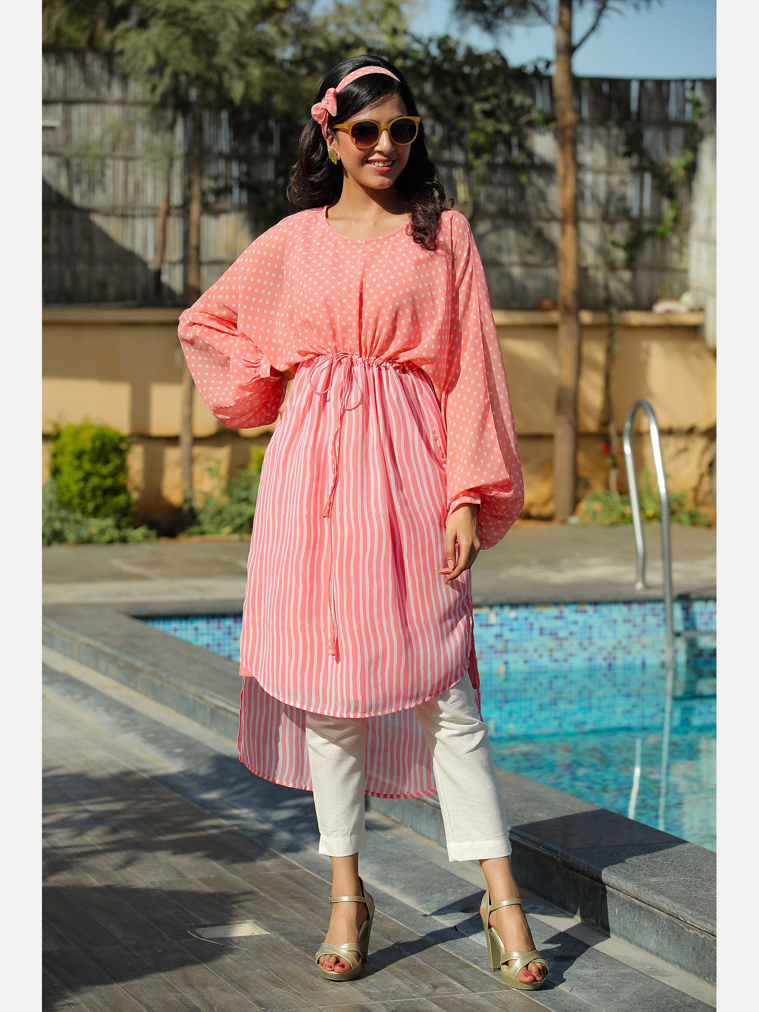 peach stripes printed georgette high-low tunic & inner with drawstring at waist