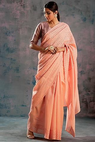 peach swarovski embellished saree set