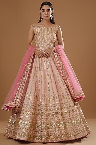 peach taffeta golden embroidered gown with dupatta