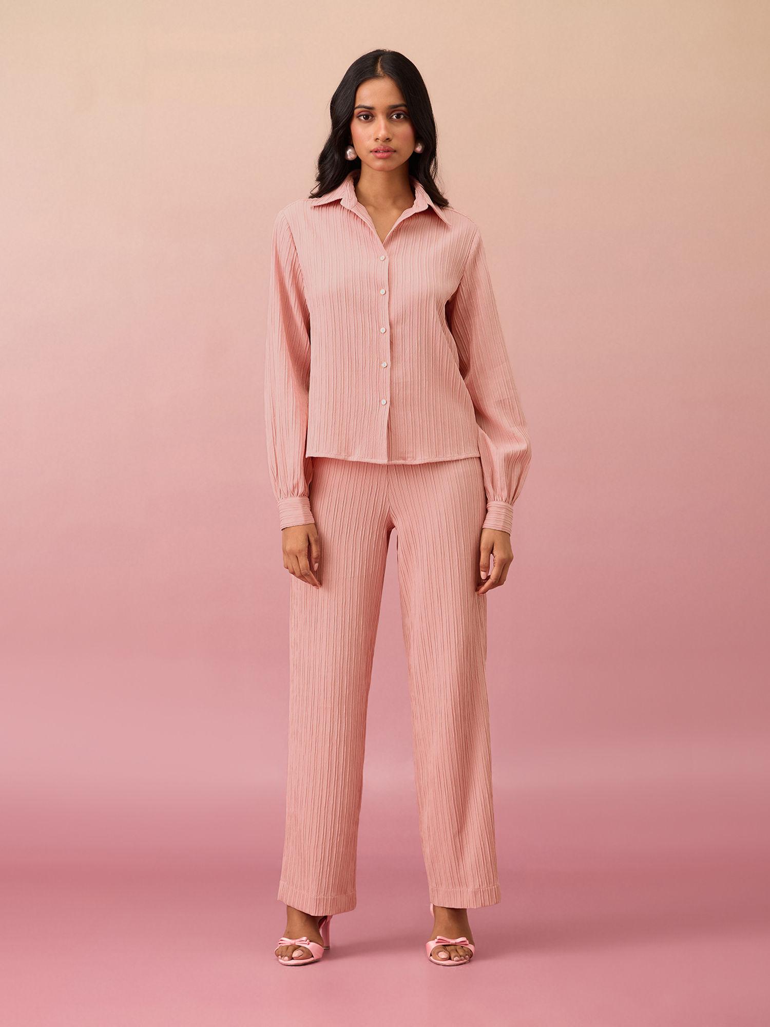 peach textured collar neck shirt with straight pant co-ord (set of 2)