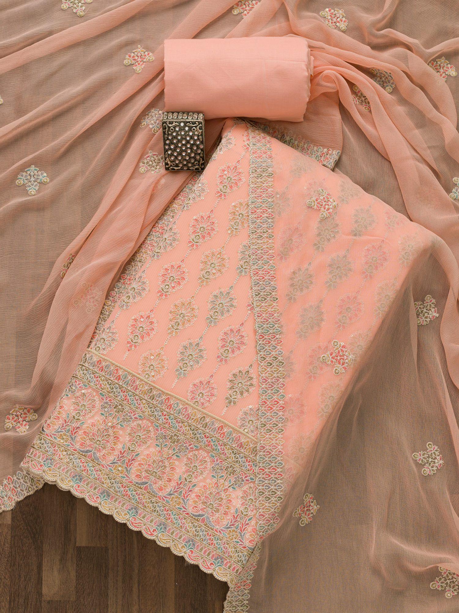 peach threadwork georgette unstitched salwar suit