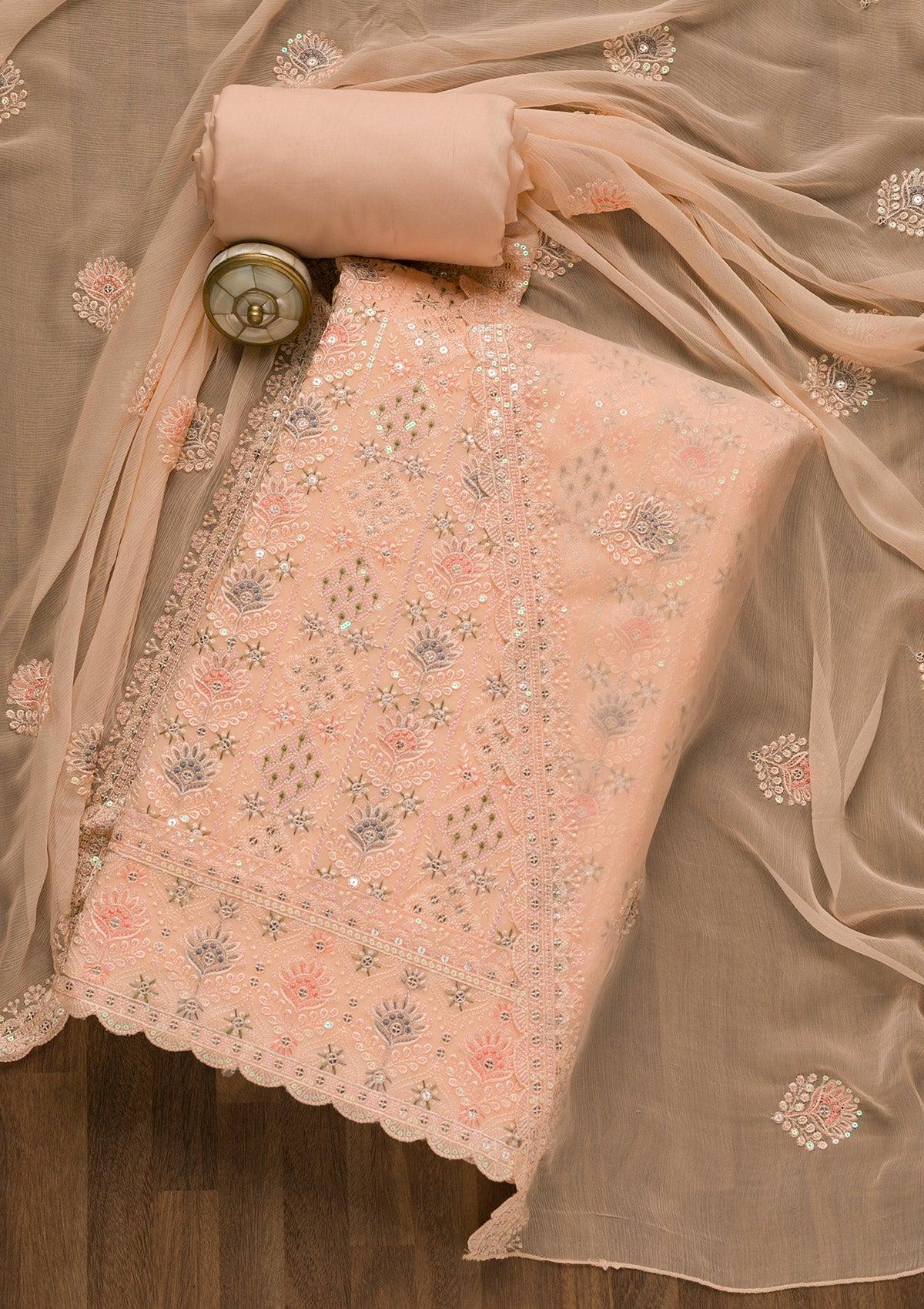 peach threadwork georgette unstitched salwar suit