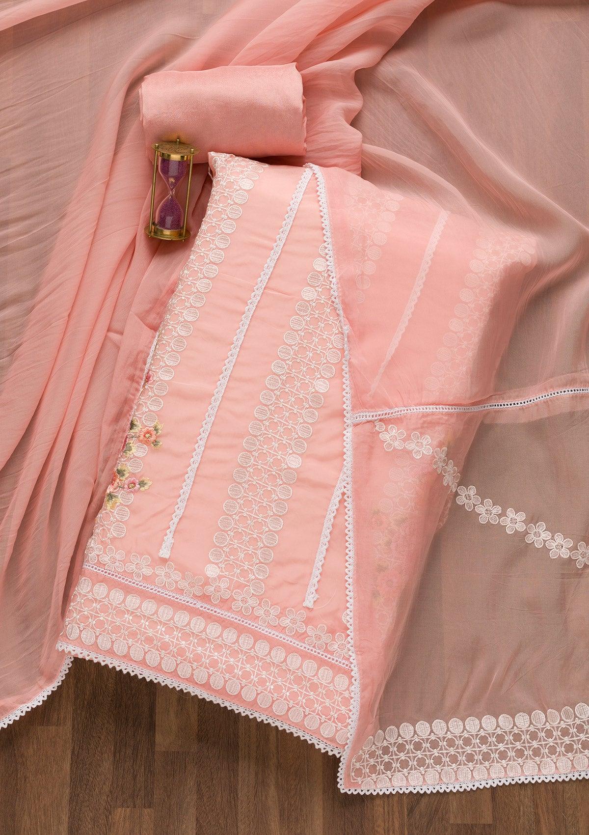 peach threadwork tissue unstitched salwar suit