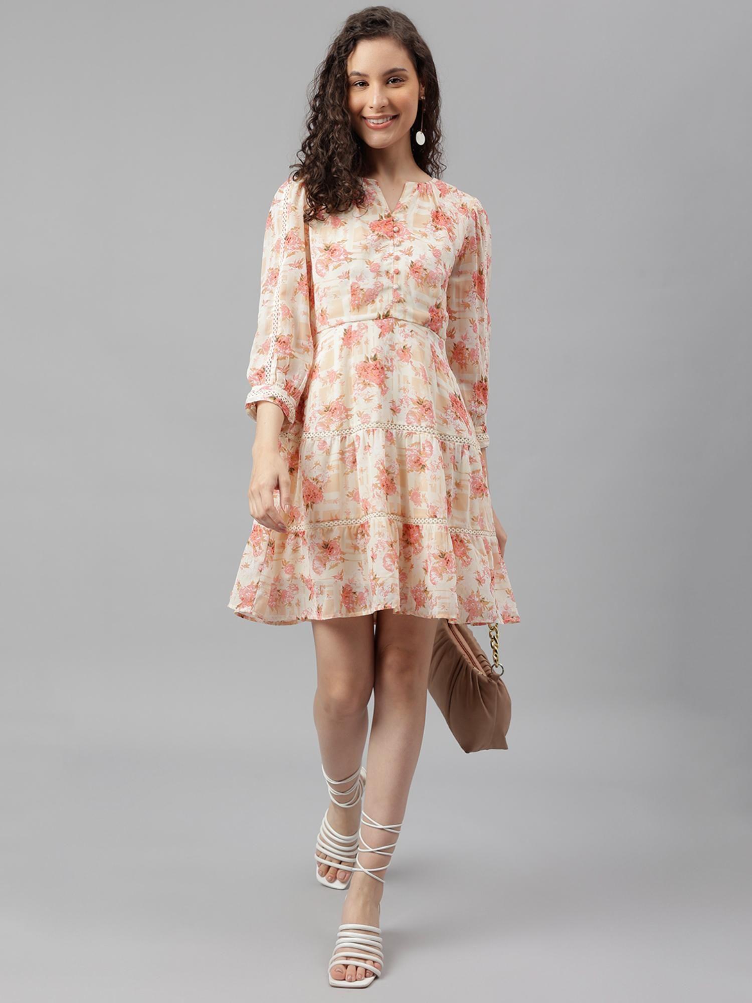 peach three-quarter sleeves round neck printed mini dress for casual wear