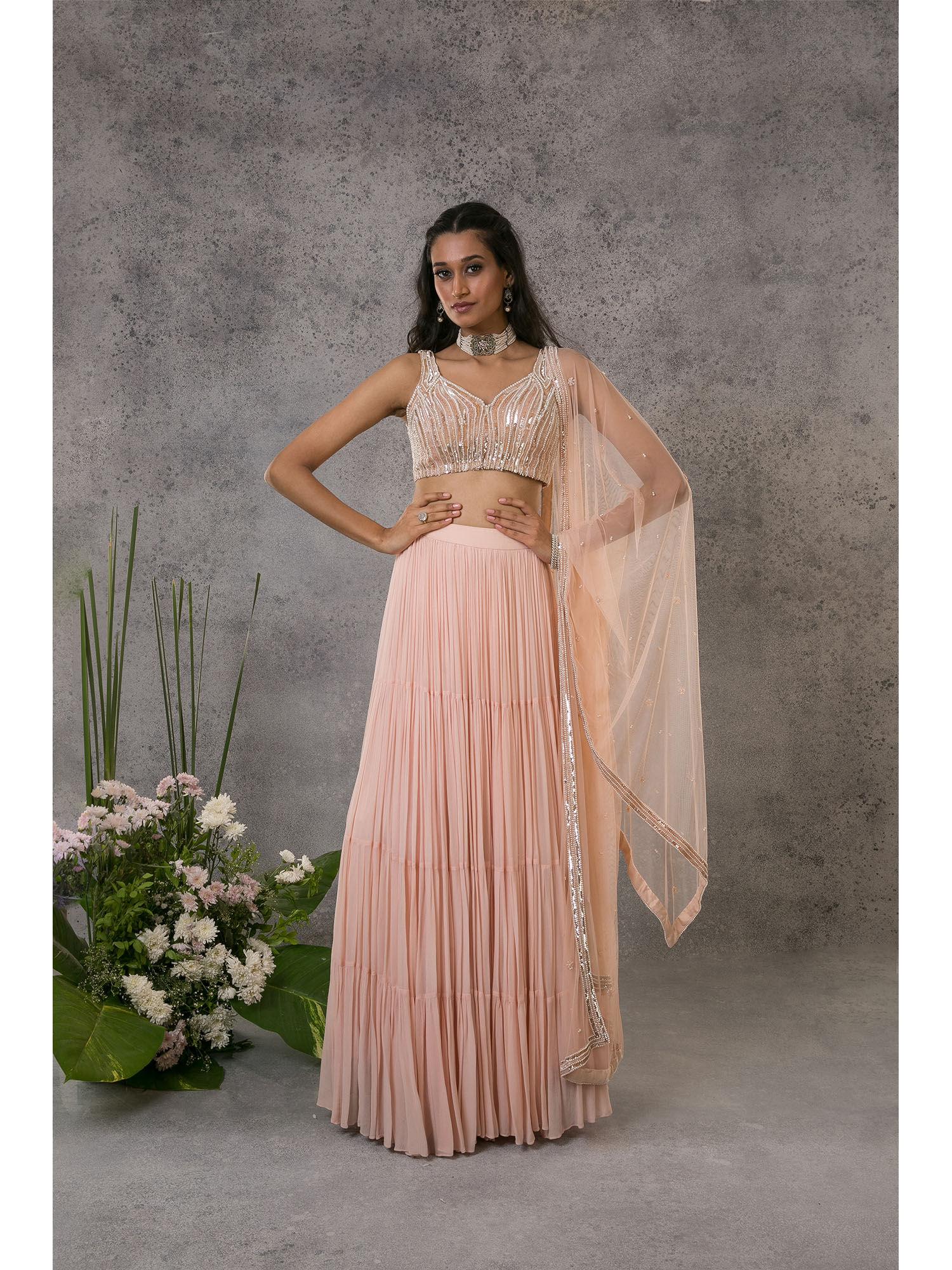 peach tiered lehenga with pearl blouse & dupatta (set of 3)