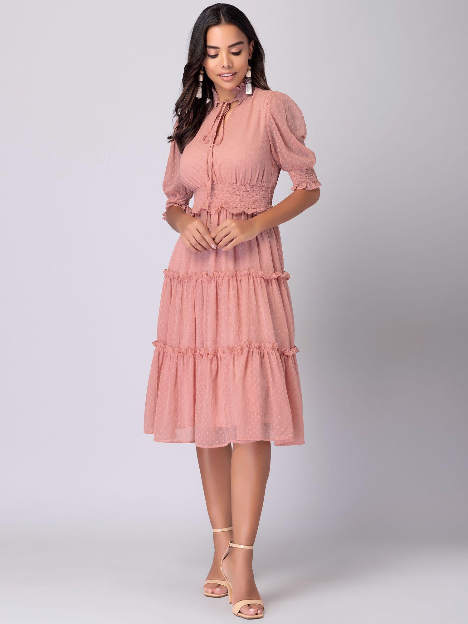 peach tiered midi dress